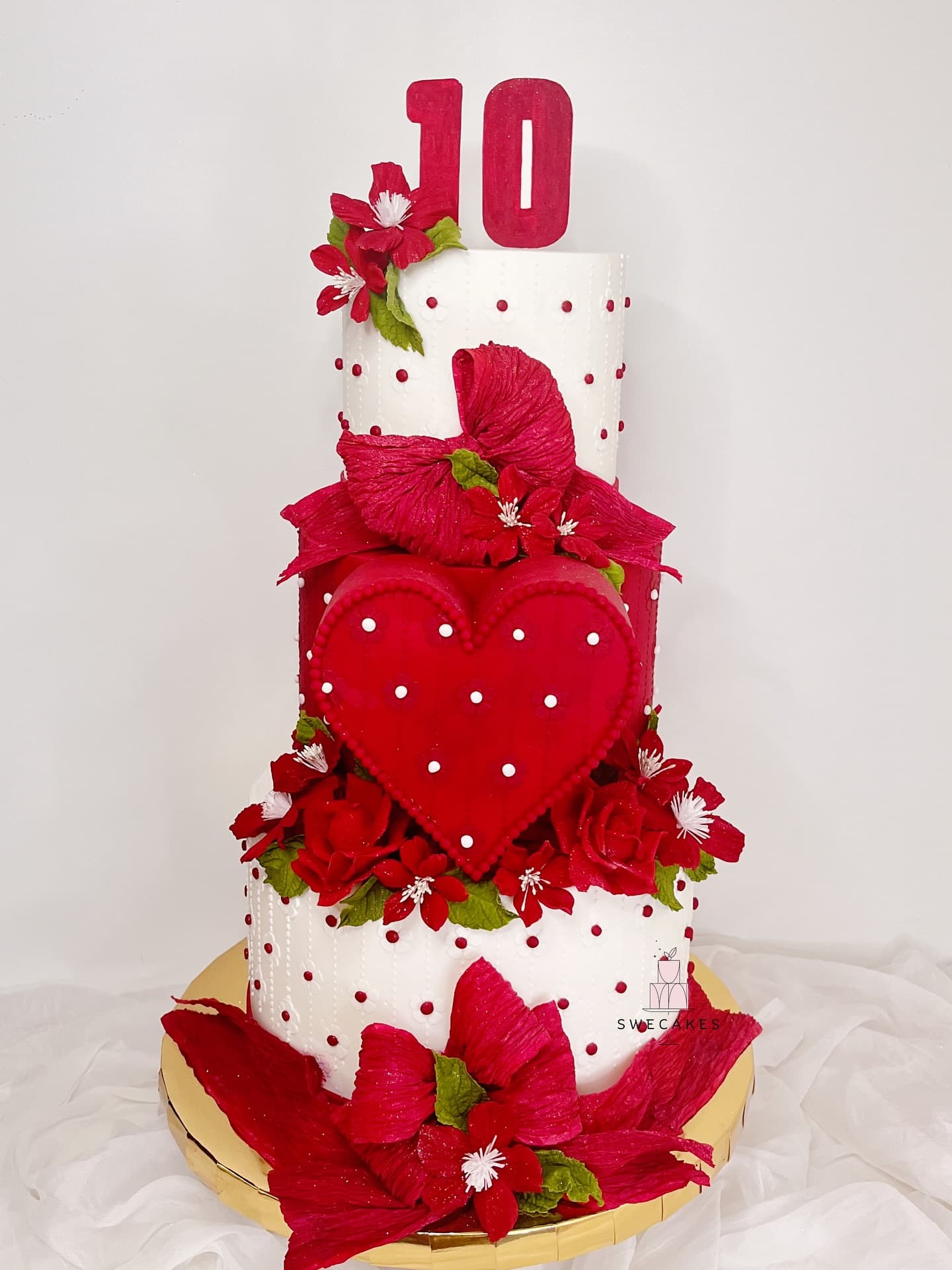 Regal Red Heart & Floral Milestone Cake